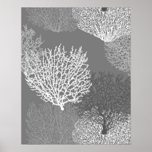Fan Coral Print, Shades of Silver Grey / Grey Poster