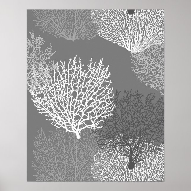 Fan Coral Print, Shades of Silver Grey / Grey Poster (Front)