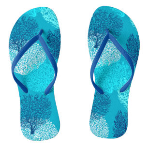 Fan Coral Print, Turquoise, Aqua and Cobalt Blue Flip Flops
