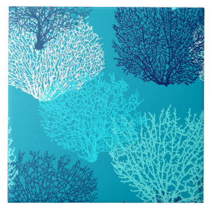 Fan Coral Print, Turquoise, Aqua and Cobalt Blue Tile