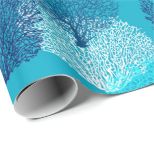 Fan Coral Print, Turquoise, Aqua and Cobalt Blue Wrapping Paper