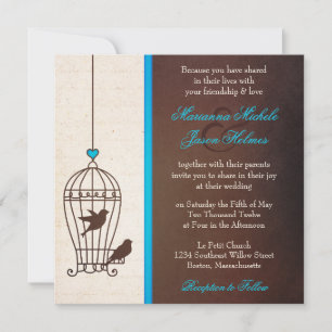 Fanciful Bird Cage - Chocolate & Teal Blue Wedding Invitation