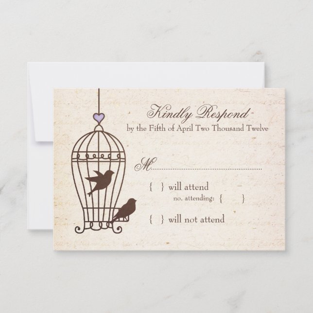 Fanciful Bird Cage Lavender & Brown Wedding RSVP (Front)