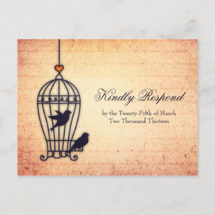 Fanciful Bird Cage with Gold Heart Wedding RSVP Invitation Postcard