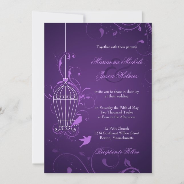 Fanciful Bird Cage with Swirls Aubergine Wedding Invitation (Front)