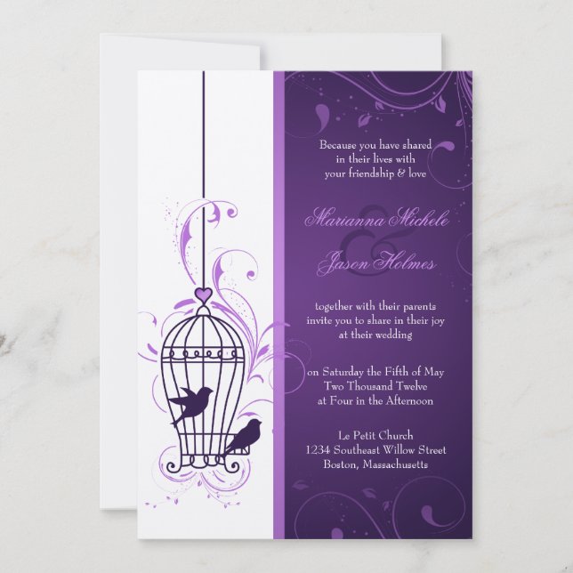 Fanciful Bird Cage with Swirls Aubergine Wedding Invitation (Front)