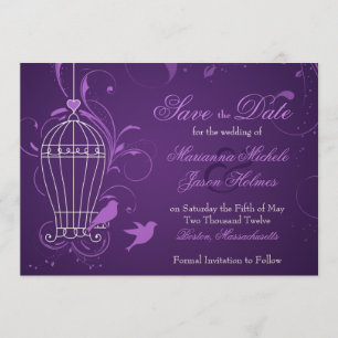 Fanciful Birdcage & Swirls Aubergine Save the Date