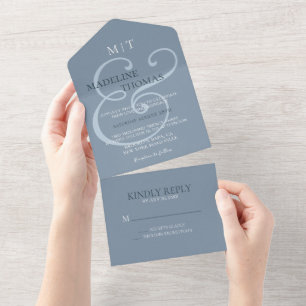 Fanciful Dusty Blue Ampersand Calligraphy Wedding All In One Invitation