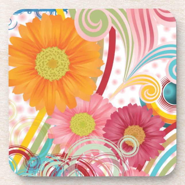 Fanciful Flowers on White Coaster (Front)
