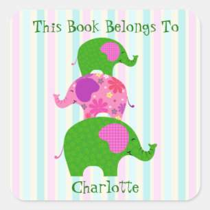 Fanciful Green and Pink Elephants (Les Elephants) Square Sticker