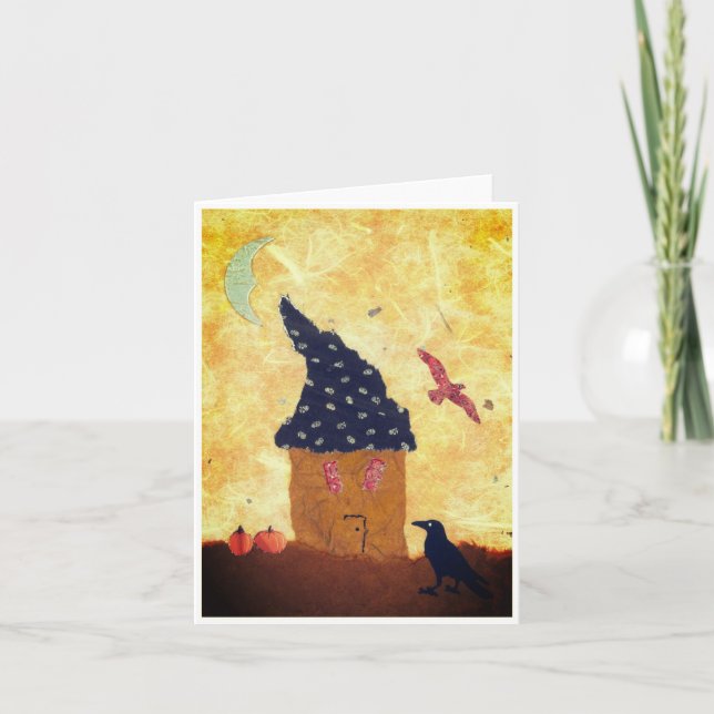 Fanciful Halloween Greeting Card with House, Crow (Front)