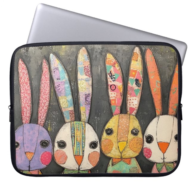 Fanciful Patchwork Easter Bunny Rabbits Laptop Sleeve (Front)