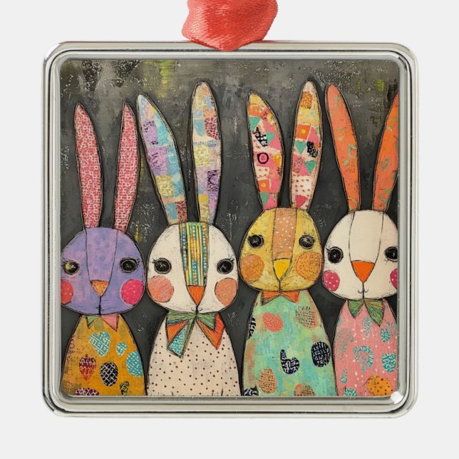 Fanciful Patchwork Easter Bunny Rabbits Metal Tree Decoration (Front)