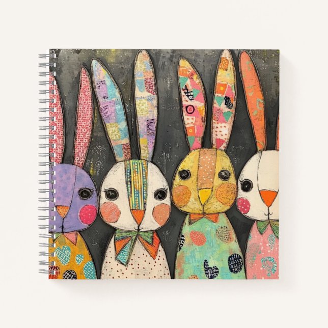 Fanciful Patchwork Easter Bunny Rabbits Notebook (Front)