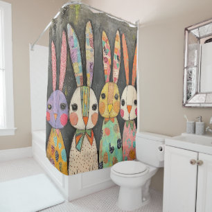 Fanciful Patchwork Easter Bunny Rabbits Shower Curtain