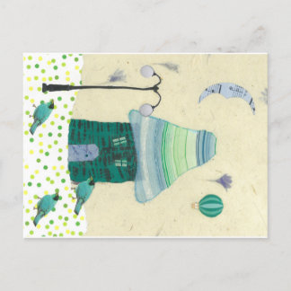 Fanciful, Playful Postcard with Tiny House, Birds