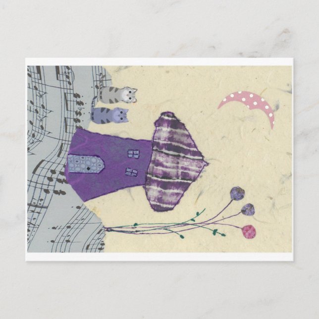 Fanciful Postcard with Purple Mushroom House, Cats (Front)