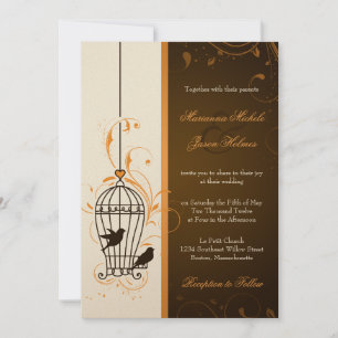 Fanciful Swirls Birdcage Orange & Brown Wedding Invitation