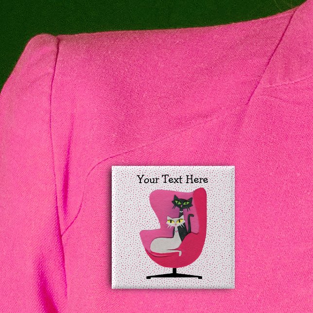 Fancy 1950s Style Black  White Cats in Pink Chair  15 Cm Square Badge (Two atomic fancy cats sitting in bright pink vintage chair on white with pink dots pin back button.)