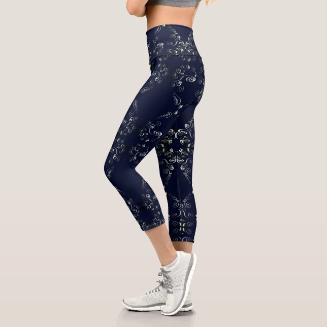 Fancy 3D Goth Recoleta Hearts DrkBlue Capri Leggings (Left)