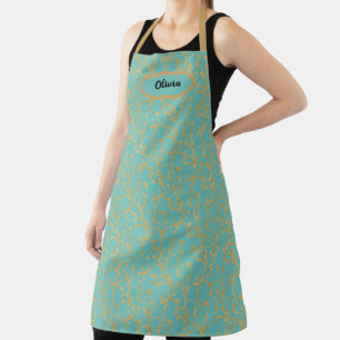 Fancy Aqua and Gold Leaf Filigree Personalised Apron