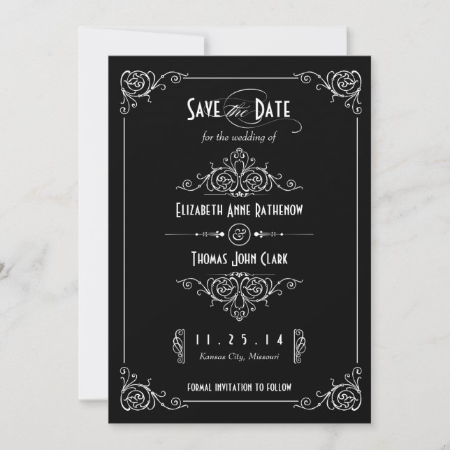 Fancy Art Deco Black & White Save the Date (Front)