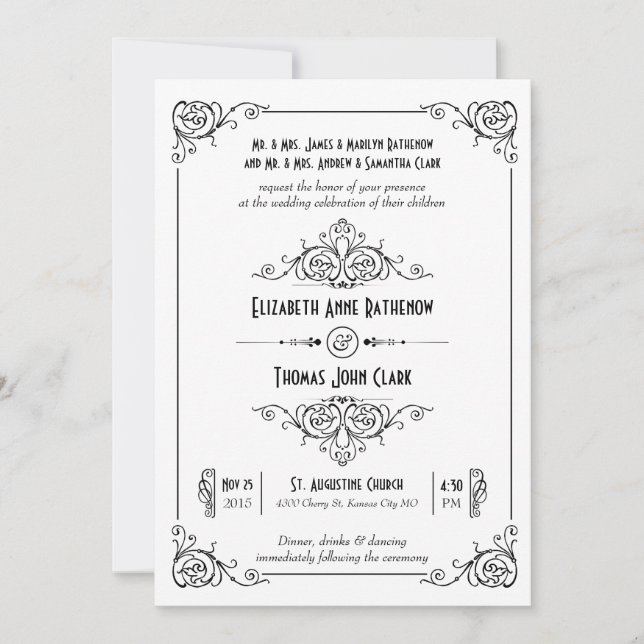 Fancy Art Deco Black & White Wedding Invitations (Front)