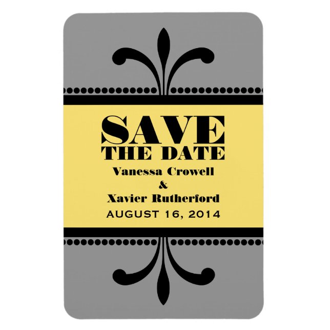 Fancy Art Deco Save the Date Magnet Grey/Yellow (Vertical)