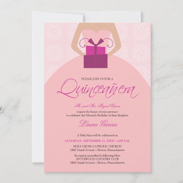 Fancy Ball Gown Quinceanera Invitation (pink) (Front)