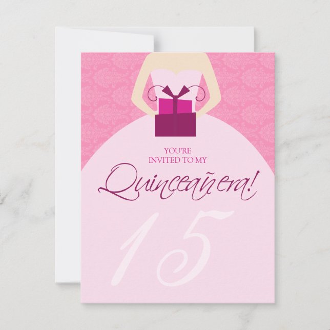 Fancy Ball Gown Quinceanera Invitation (pink) (Front)