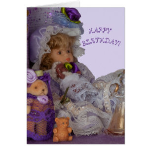 Fancy Birthday card pretty dolls girl purple fun