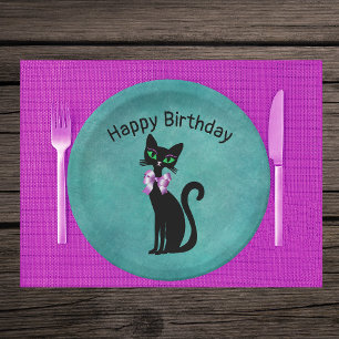 Fancy Birthday Cat in Pink Bow Green Eyes on Teal Paper Plate