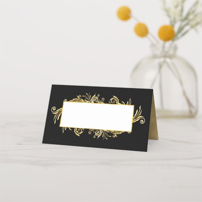 Fancy Black and Gold Wedding Folded Place Card (Front)