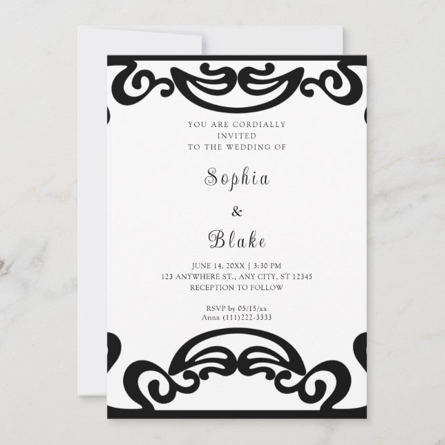 Fancy Black and White Scroll Art Deco Wedding Invitation (Front)