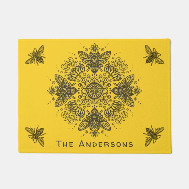 Fancy Black Bee Mandala Personalize Doormat (Front)