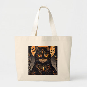 Fancy Black Cat, Full Moon and Bats Large Tote Bag
