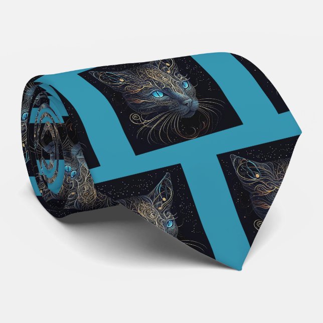 Fancy Black Cat Painting Neck Tie (Rolled)