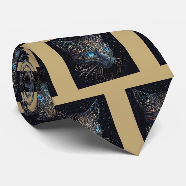 Fancy Black Cat Painting Neck Tie (Rolled)