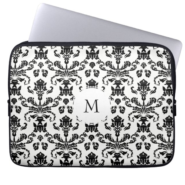 Fancy Black Damask Monogram  Laptop Sleeve (Front)