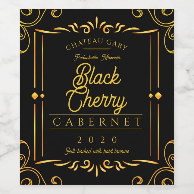 Fancy black faux gold homemade wine personalised label (Single Label)