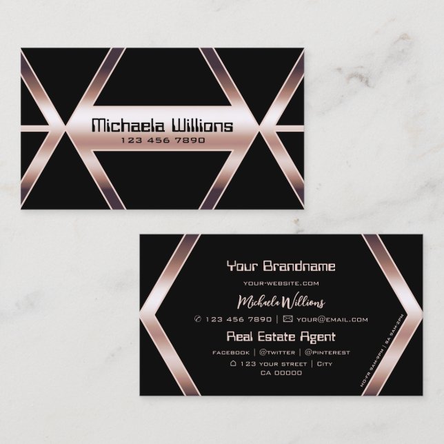 Fancy Black Geometric Shimmery Rose Gold Elegant Business Card (Front/Back)