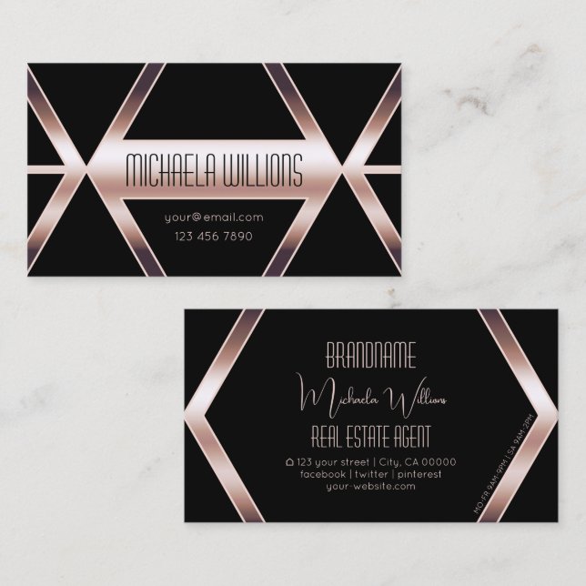 Fancy Black Geometric Shimmery Rose Gold Modern Business Card (Front/Back)