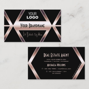 Fancy Black Geometric with Cool Rose Gold and Logo Business Card