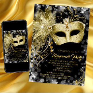 Fancy Black Gold Glitter Masquerade Party Invitation