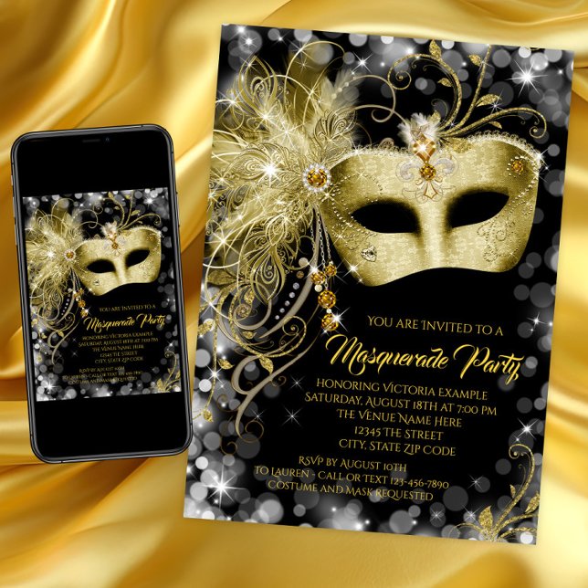 Fancy Black Gold Glitter Masquerade Party Invitation (Elegant black and gold masquerade party invitation with gold jewel mask. Instant download and print.)