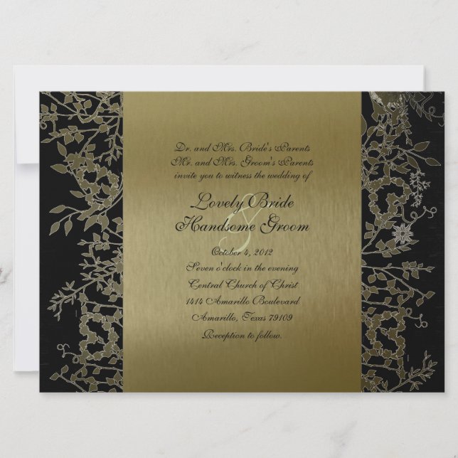 Fancy Black Gold Metallic Garden Wedding Invitation (Front)