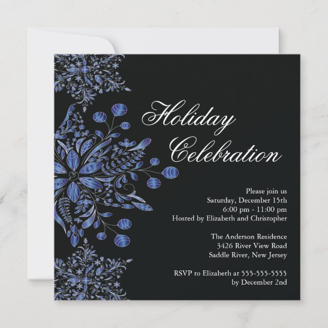 Fancy Black Jewel Snowflakes Holiday Party Invitation (Front)