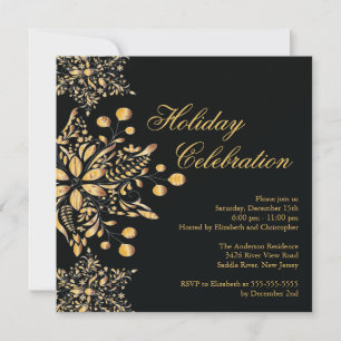 Fancy Black Jewel Snowflakes Holiday Party Invitation