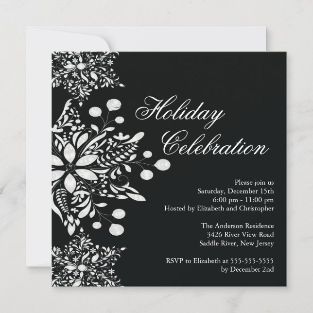 Fancy Black Jewel Snowflakes Holiday Party Invitation (Front)