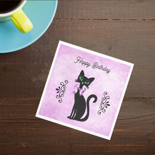 Fancy Black Mid Century Cat Scrolls Bow on Pink Napkin